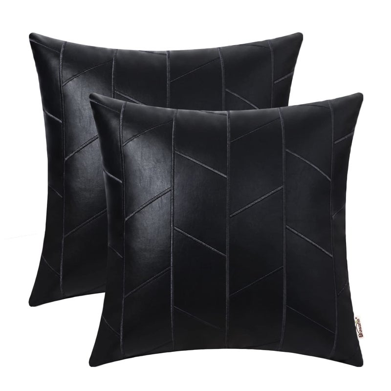 BRAWARM Faux Leather Pillow Covers 18 X 18 Inches, Black Leather Pillow Covers Pack of 2, Geometric Embroidery Leather Decorative Throw Pillows for Living Room Couch Bed Sofa Home - Image 1